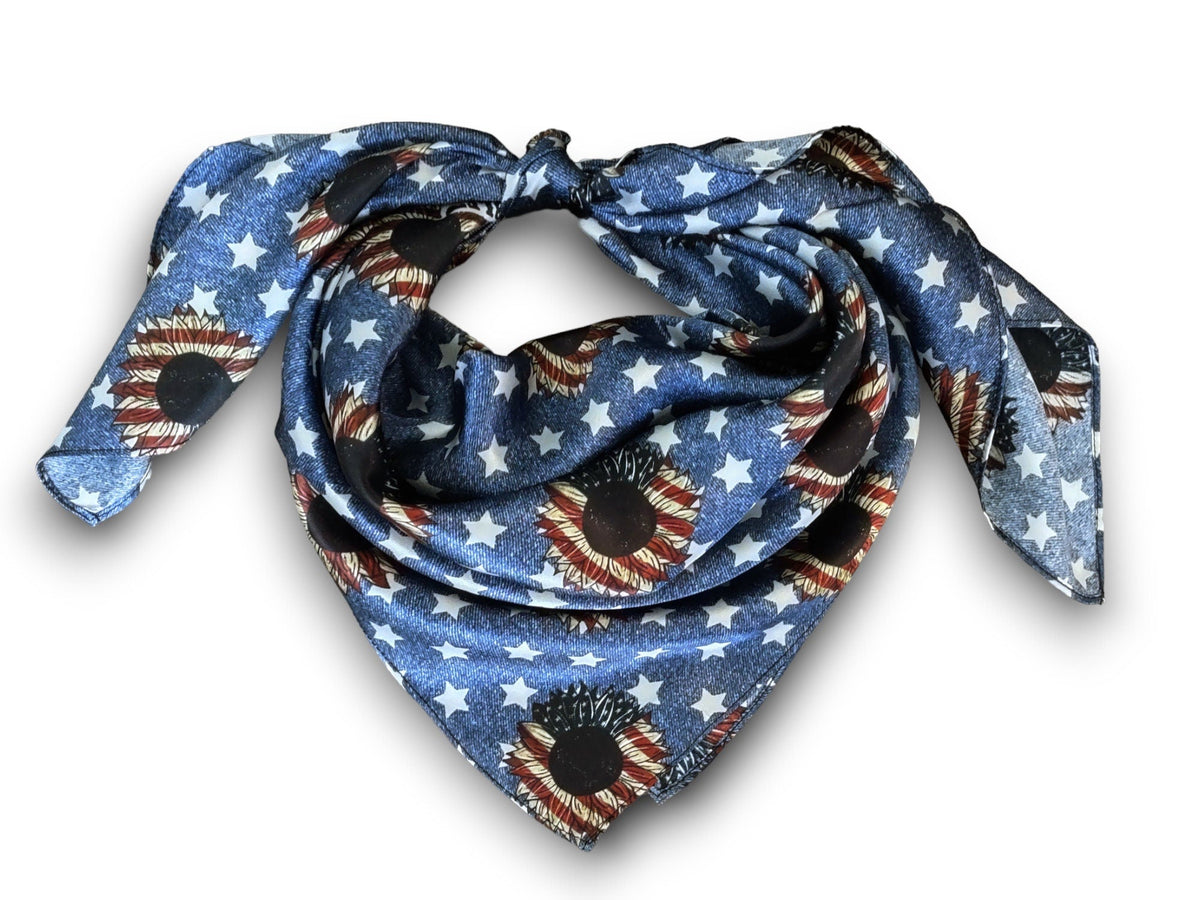Wild Rag 100% SILK Denim Stars and USA Sunflower Western Neck Scarf Bandanna by Double B Wild Rags