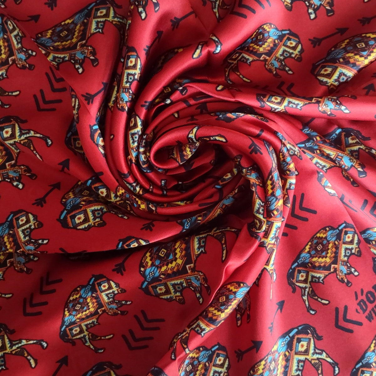 Silk Wild Rag Red Aztec Bison Buffalo and Arrows by Double B Wild Rags