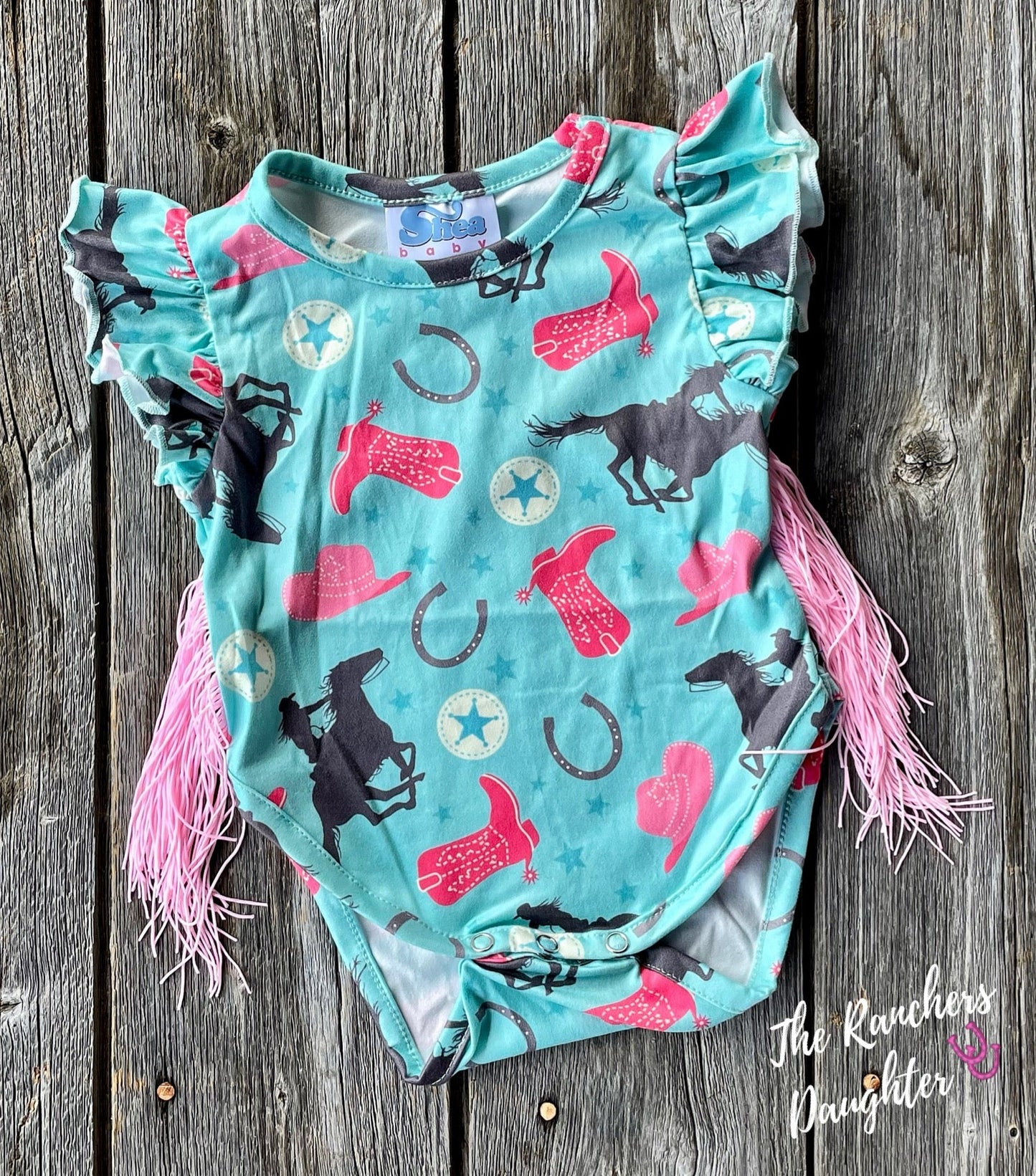 Shea Baby Short Sleeve Turquoise Cowgirl Fringe Onesie