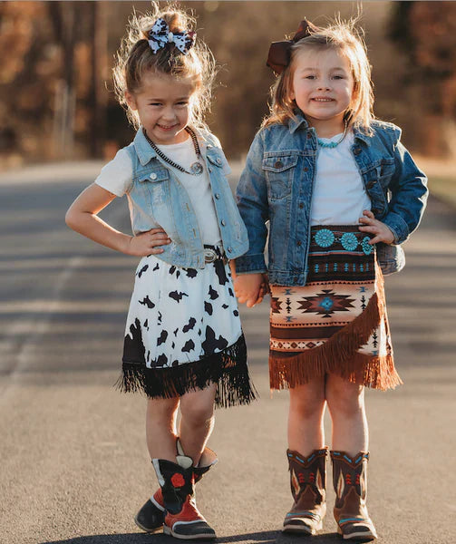 Shea Baby Cowprint Fringe Skirt