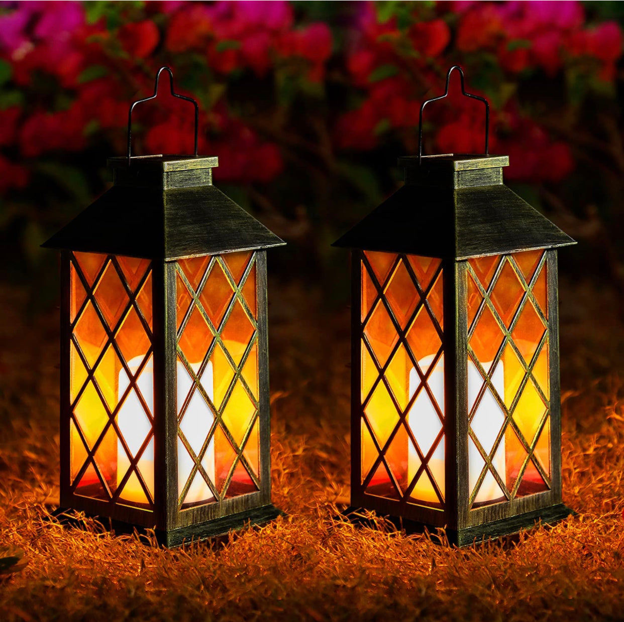 Solar Candle Lanterns Outdoor, 2 Pack Waterproof, LED Lanterns Solar Powered with Handle, Flickering Flameless Candle Lights