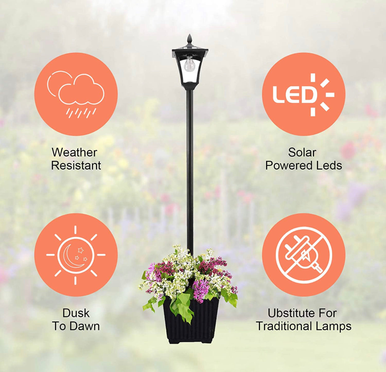 64 Inch Solar Lamp Post Lights Outdoor with Planter, 70 Lumen Solar Powered with 4 Adjustable Height- Black