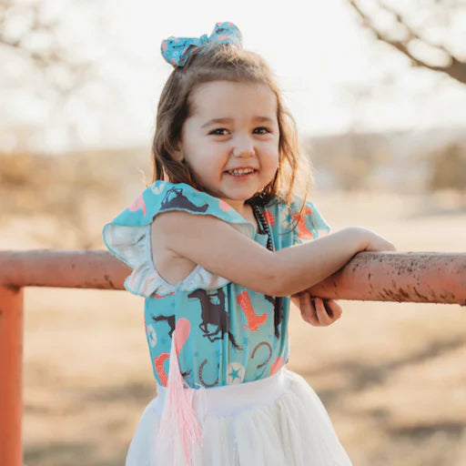 Shea Baby Short Sleeve Turquoise Cowgirl Fringe Onesie
