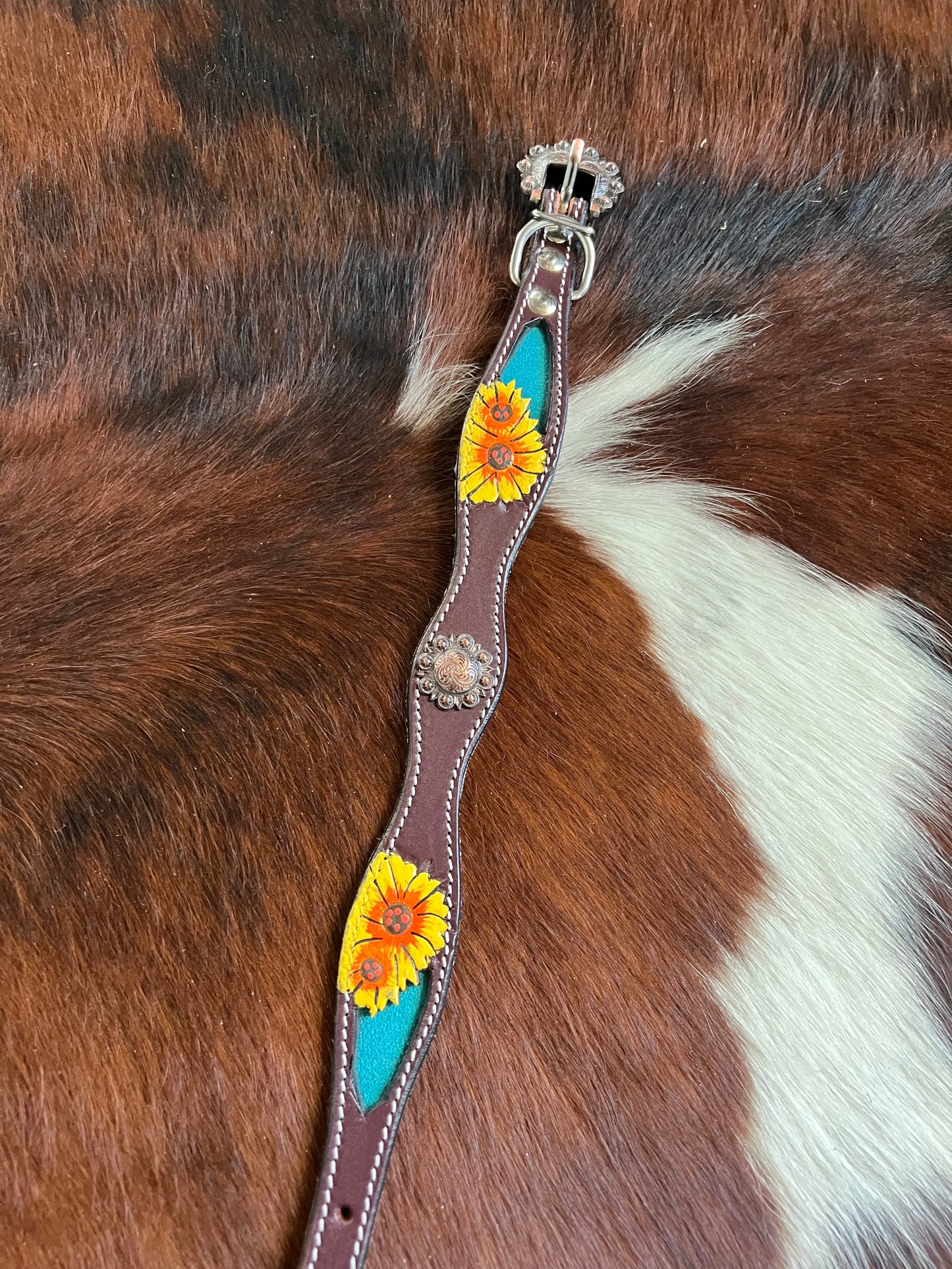 Hand Painted Sunflowers leather dog collar with copper buckle.