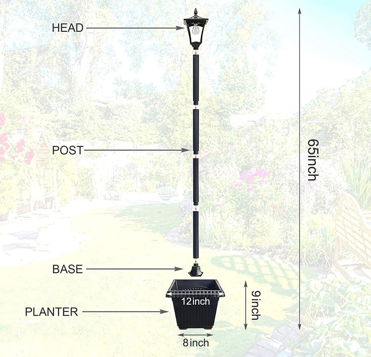 64 Inch Solar Lamp Post Lights Outdoor with Planter, 70 Lumen Solar Powered with 4 Adjustable Height- Black