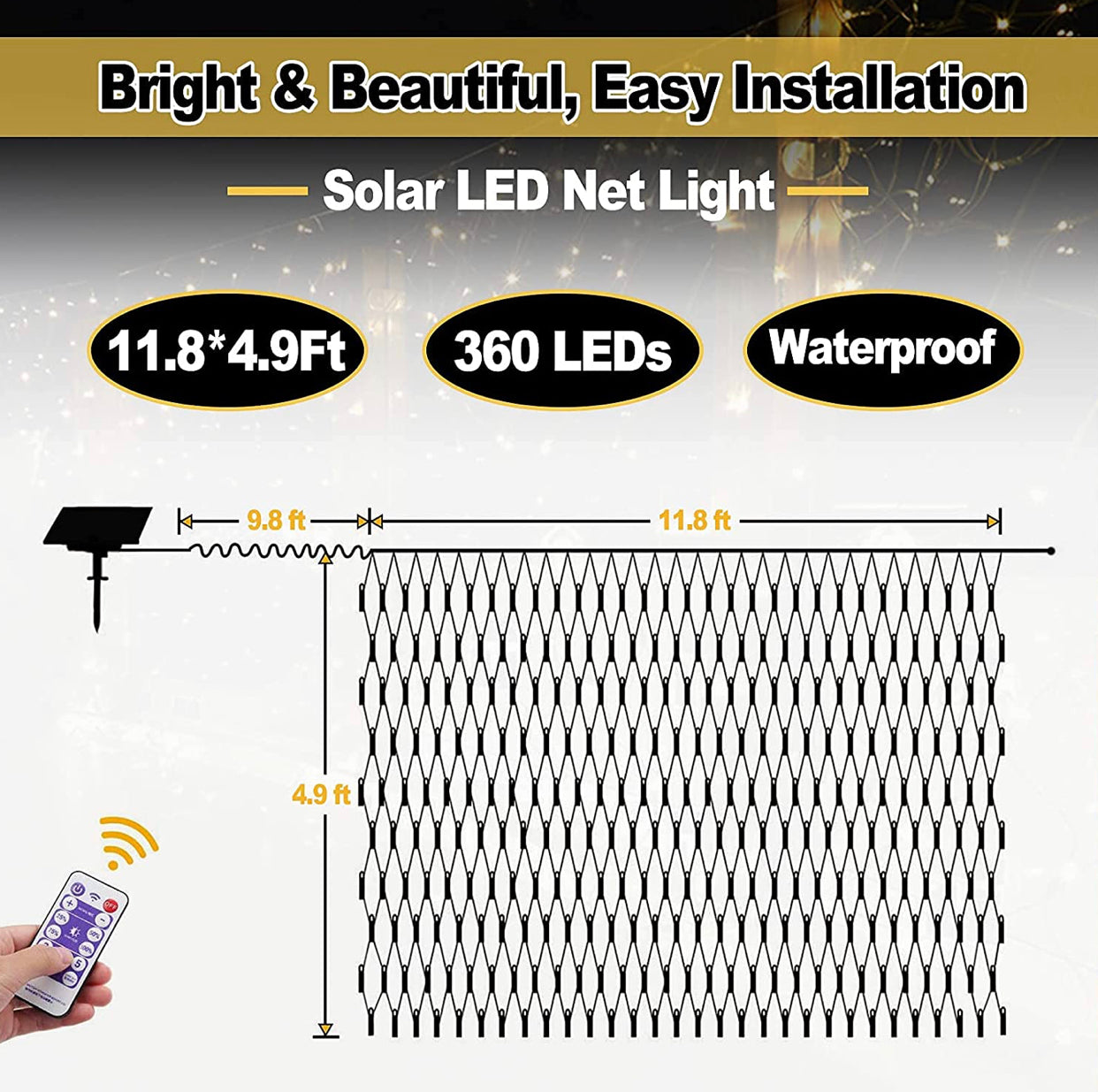 Solar Net Mesh Lights 360 LED with Remote, 11.8Ft x 4.9Ft Fence String Light