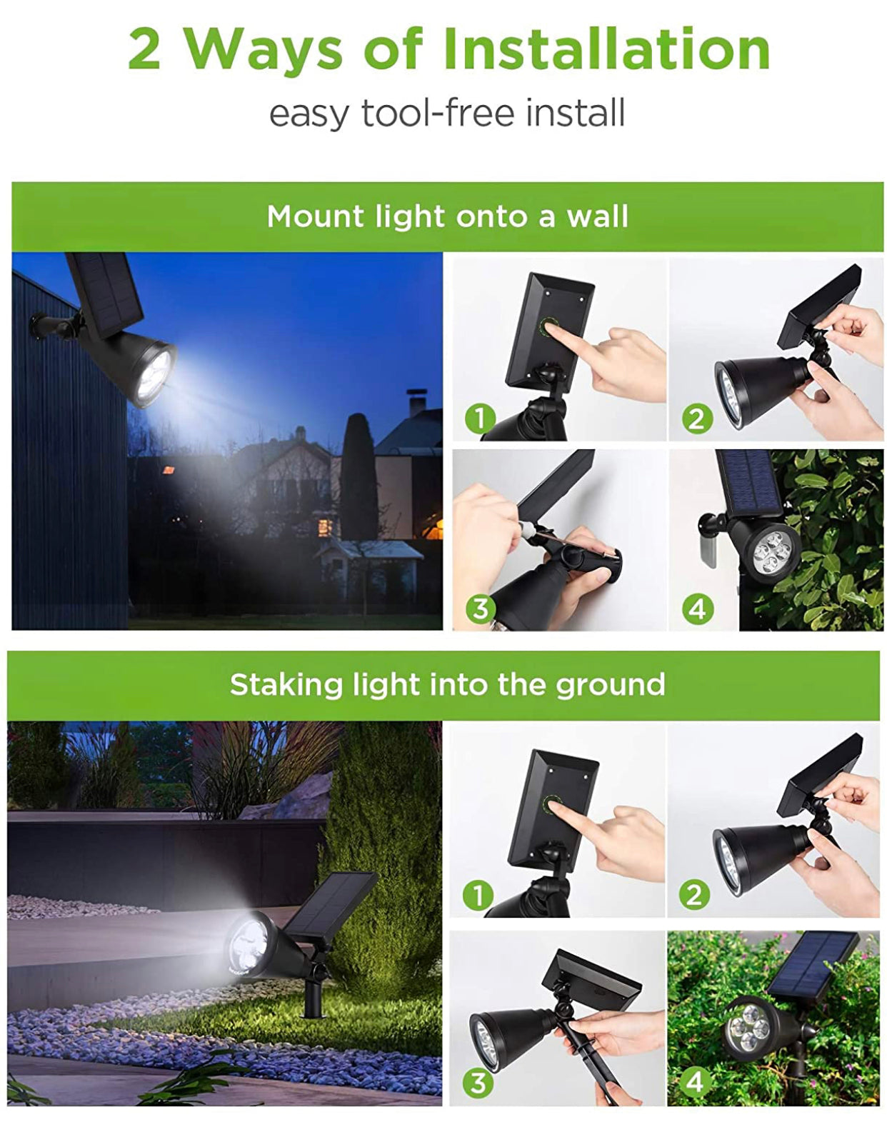 SmartYard Solar SpotLights Outdoor, Waterproof Solar Powered Landscape 2-in-1 Wall Light Auto On/Off , Pack of 4