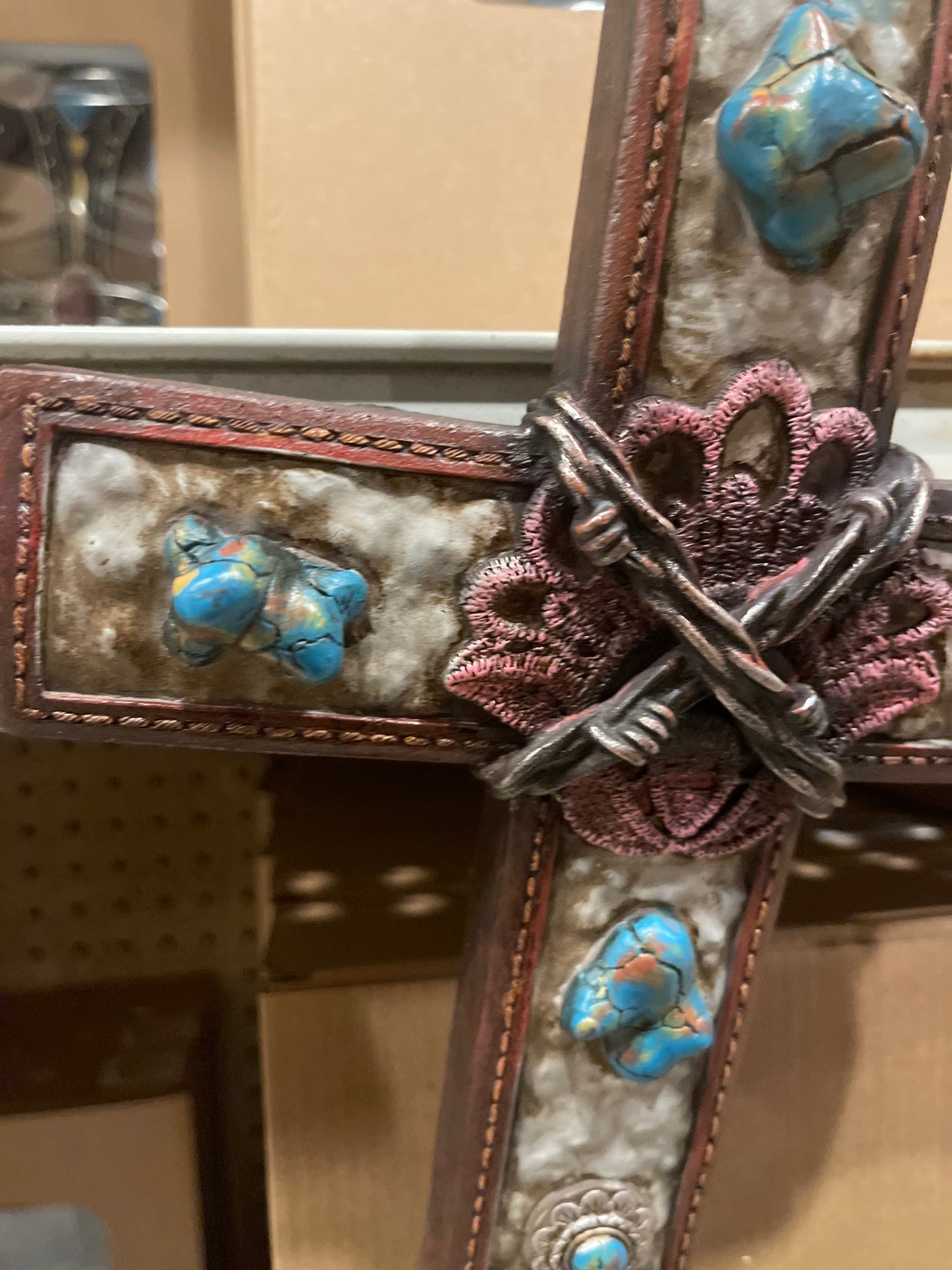 Turquoise Barbed Wire Lotus Cross