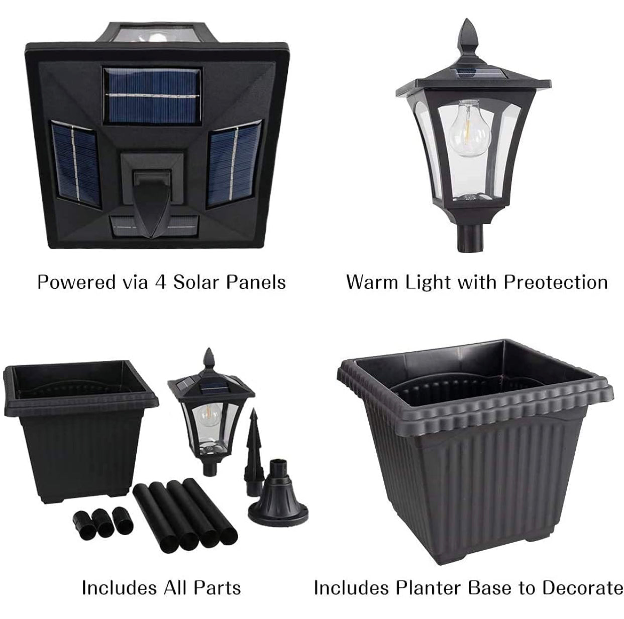 64 Inch Solar Lamp Post Lights Outdoor with Planter, 70 Lumen Solar Powered with 4 Adjustable Height- Black