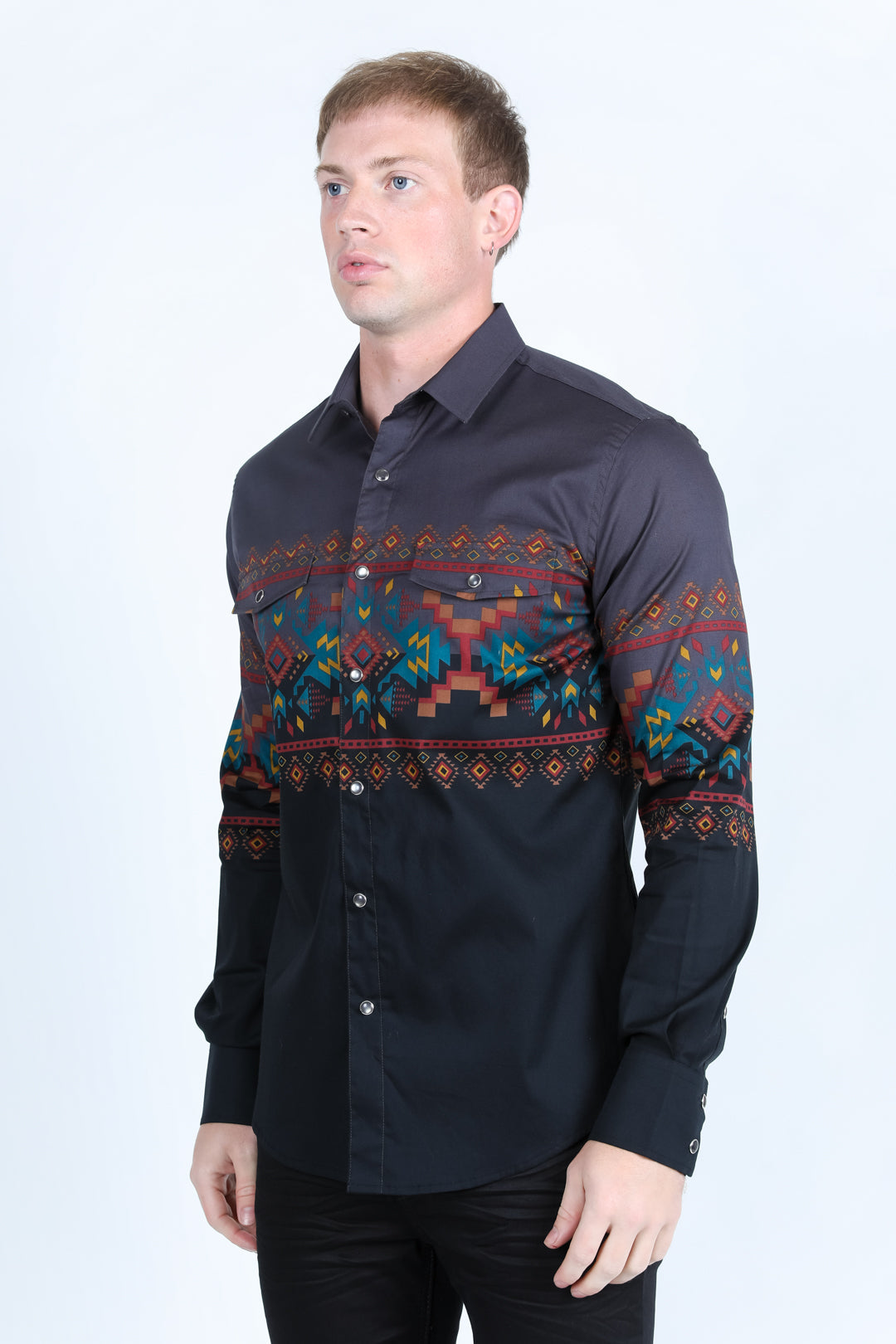 Men's Modern Fit Panoramic Aztec Print Long Sleeve Shirt - Black