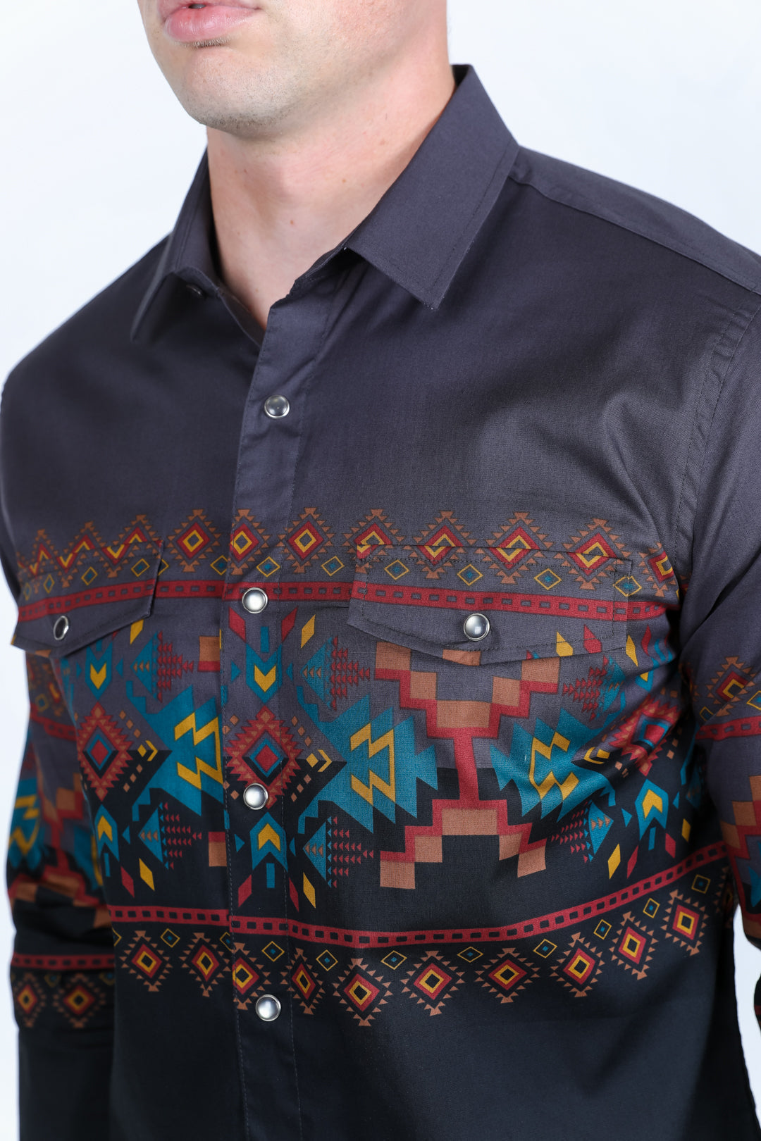 Men's Modern Fit Panoramic Aztec Print Long Sleeve Shirt - Black