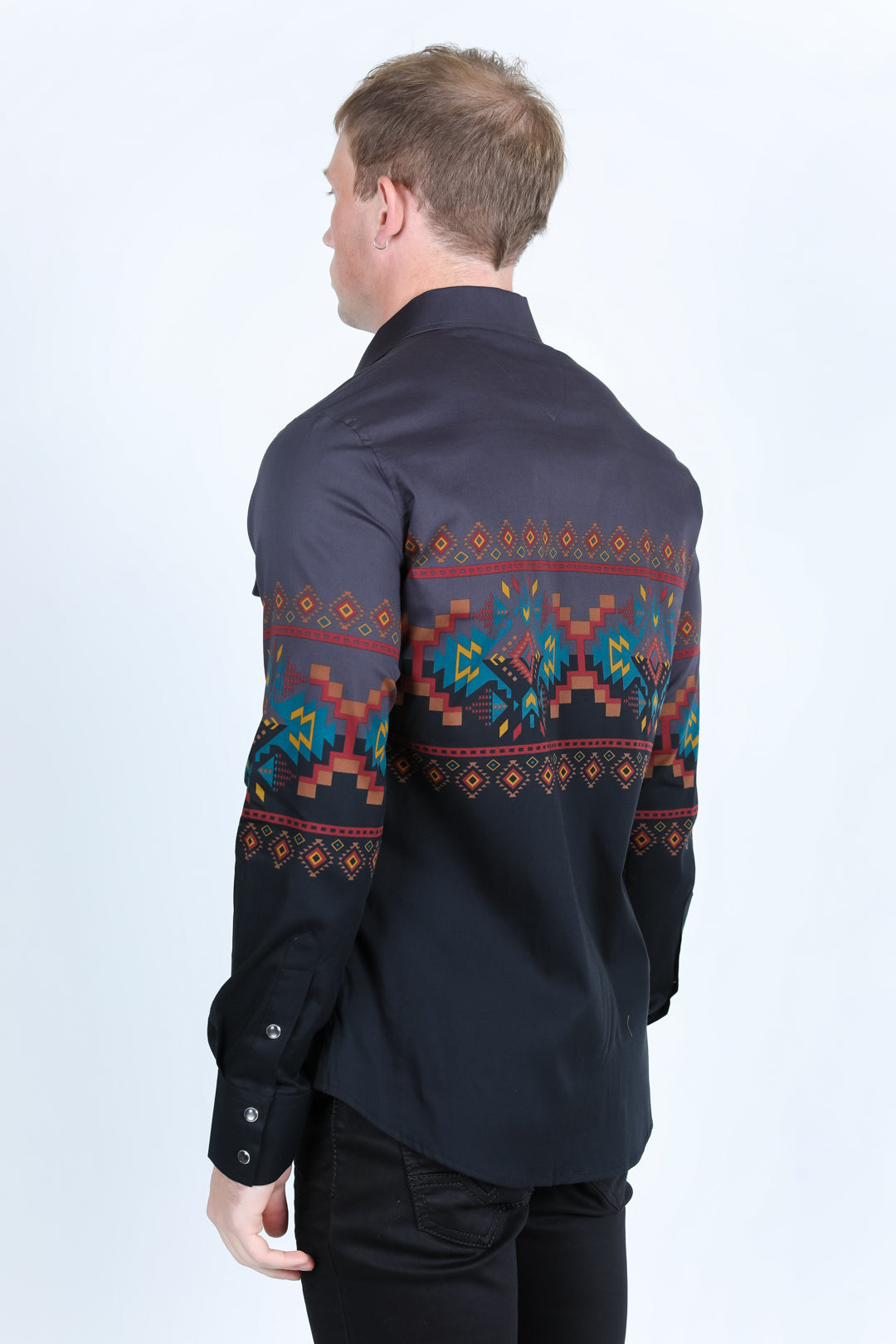 Men's Modern Fit Panoramic Aztec Print Long Sleeve Shirt - Black