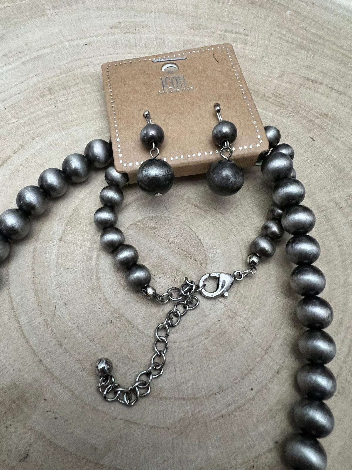 Western Faux Pearl Necklace & Earring Set — 48 Inch Burnished Silver