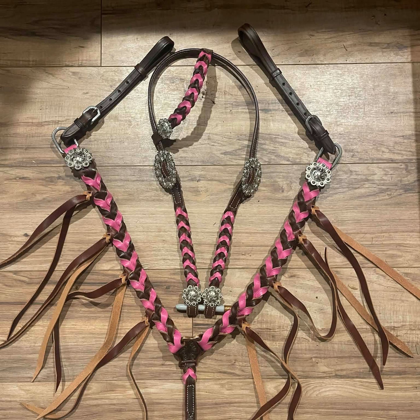 Ready to ship Western Tack Set - Pink Braided Leather with Fringe (BHT021)