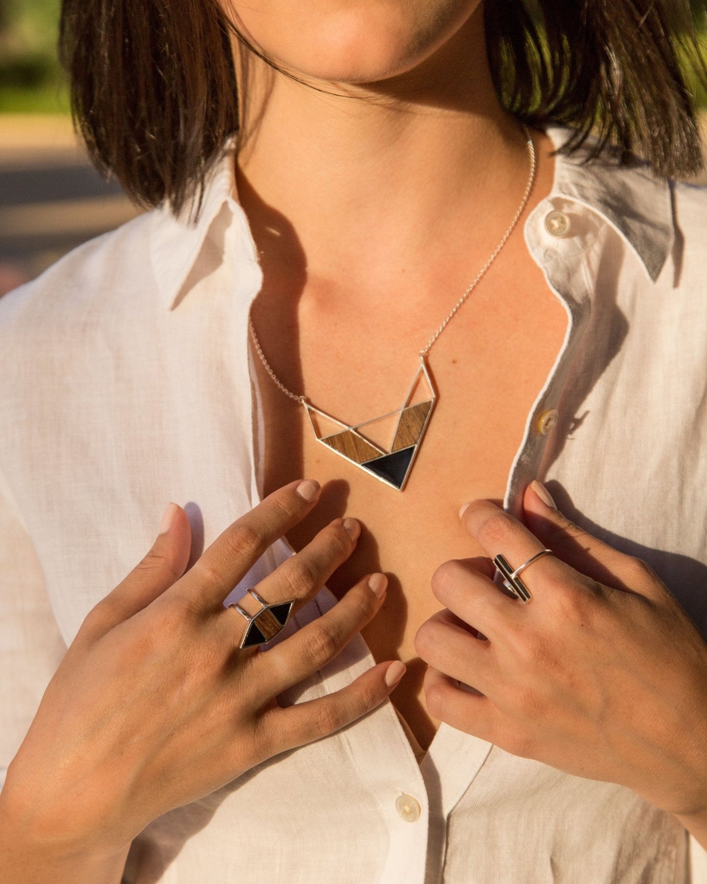 Point Made Wood and Onyx Sterling Silver Necklace