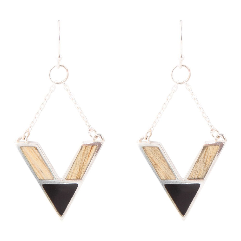 Point Made Onyx and Wood Silver Earring