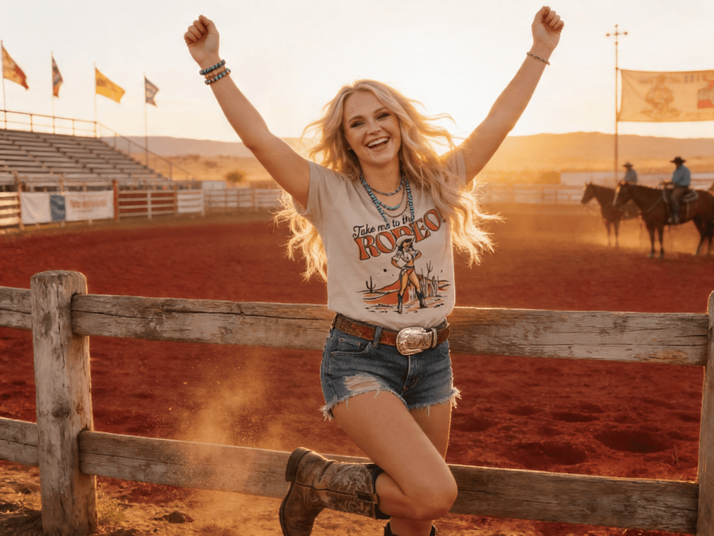 Retro "Take Me To The Rodeo" Pin-Up Cowgirl Graphic Tee - Tan
