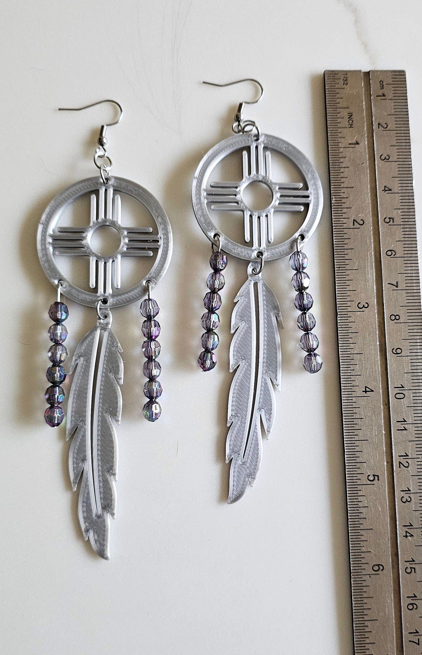 3D print Lightweight Silver New Mexico Zia Feather Dream Catcher Earrings Made in America