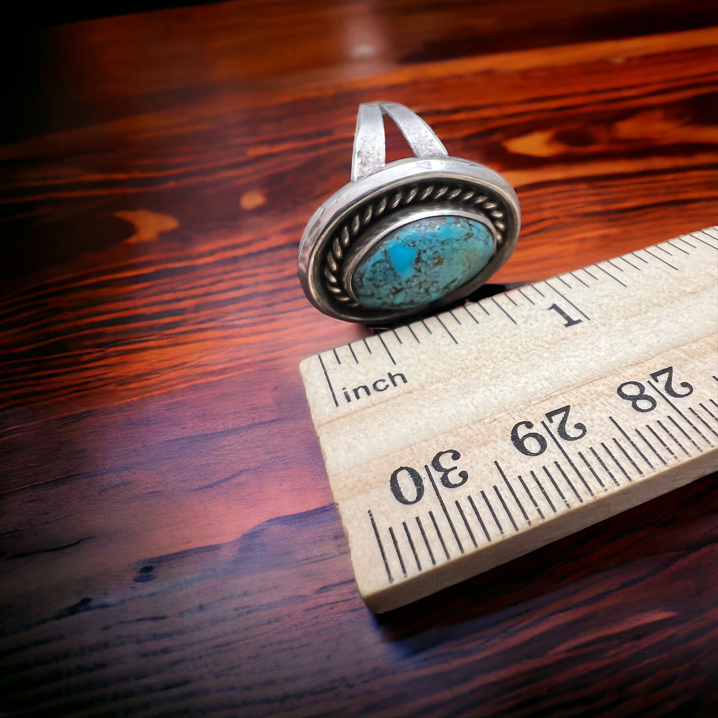 Vintage Sterling Silver Turquoise Ring with Shadowbox & Rope Back — Size 8 (Native-Style)