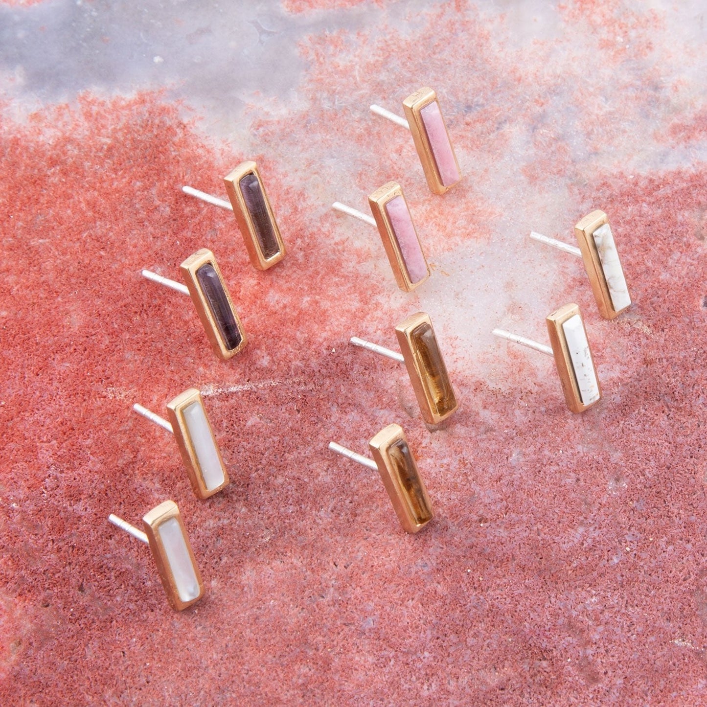 Short Linear Amethyst and Bronze Stud