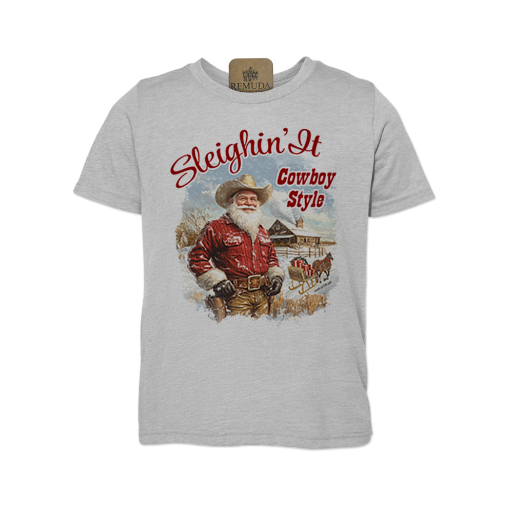 Sleighin It Cowboy Style - Youth Western Santa Tee