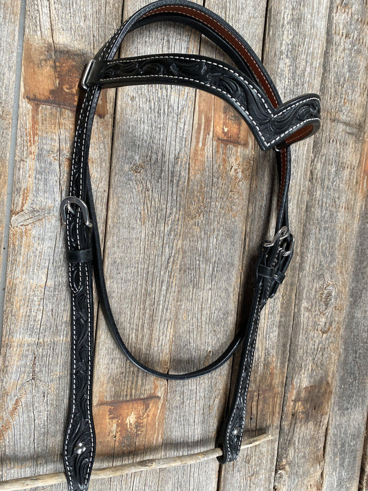 Floral V Browband Black Headstall / Bridle