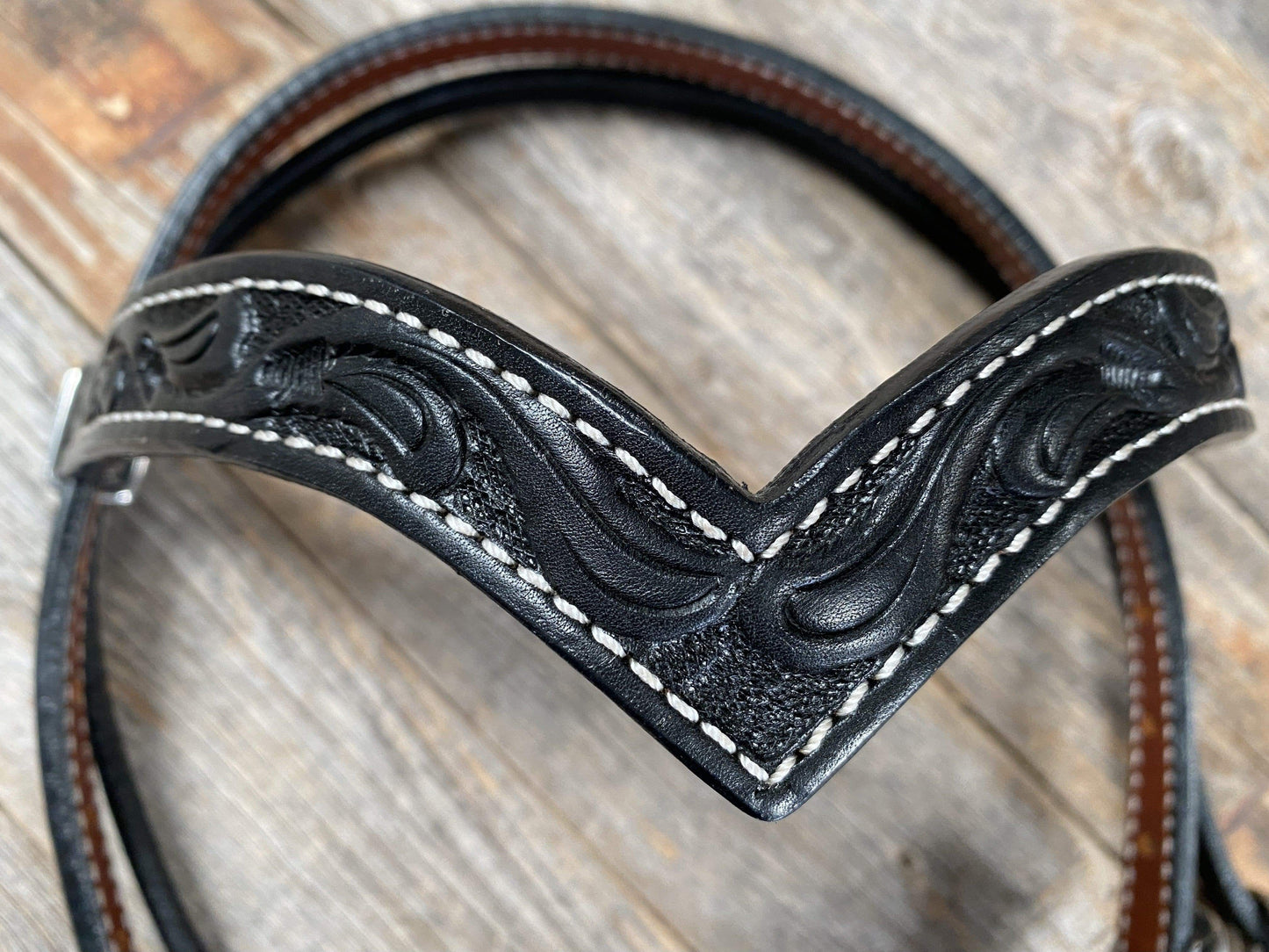 Floral V Browband Black Headstall / Bridle