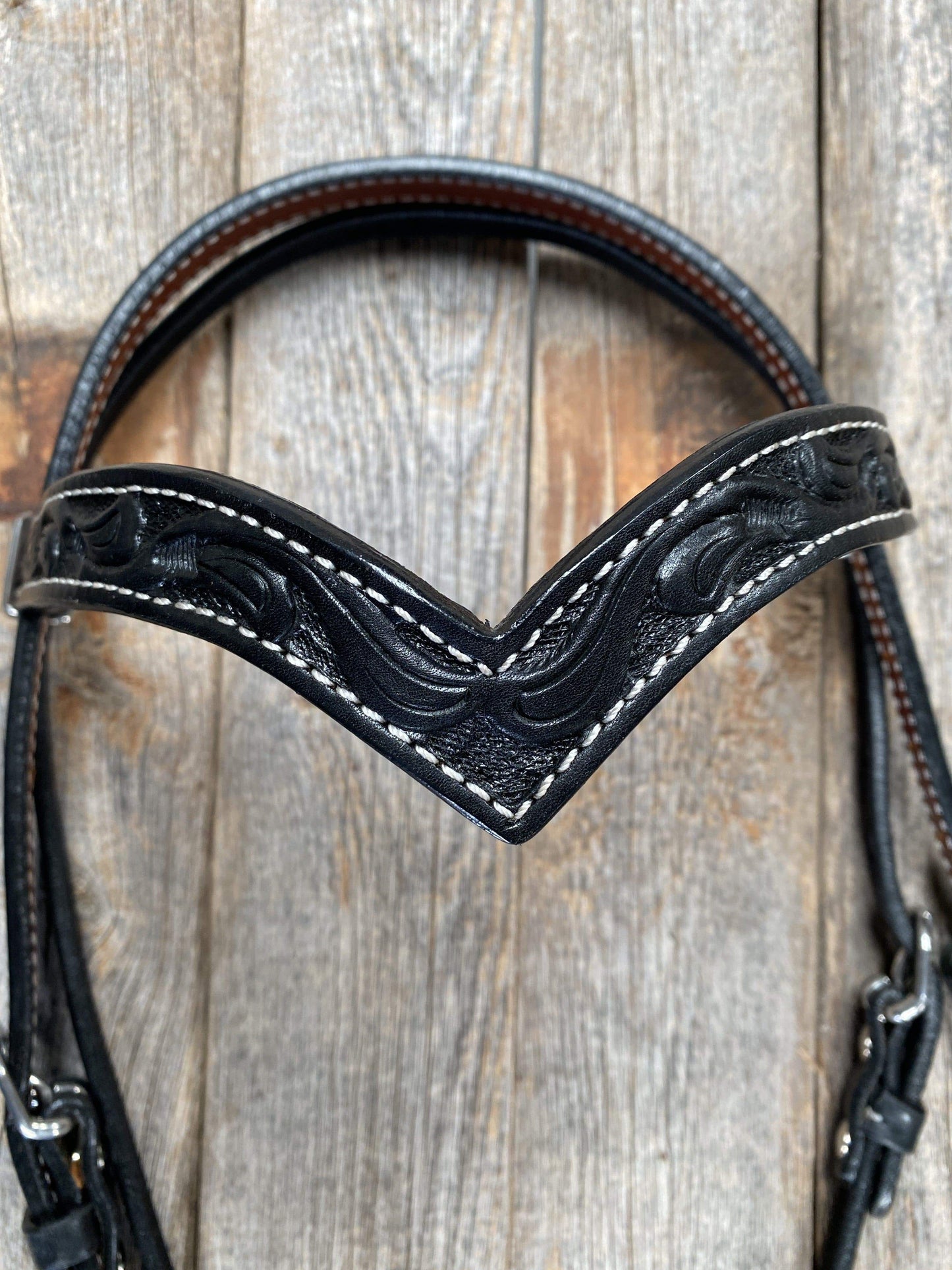 Floral V Browband Black Headstall / Bridle