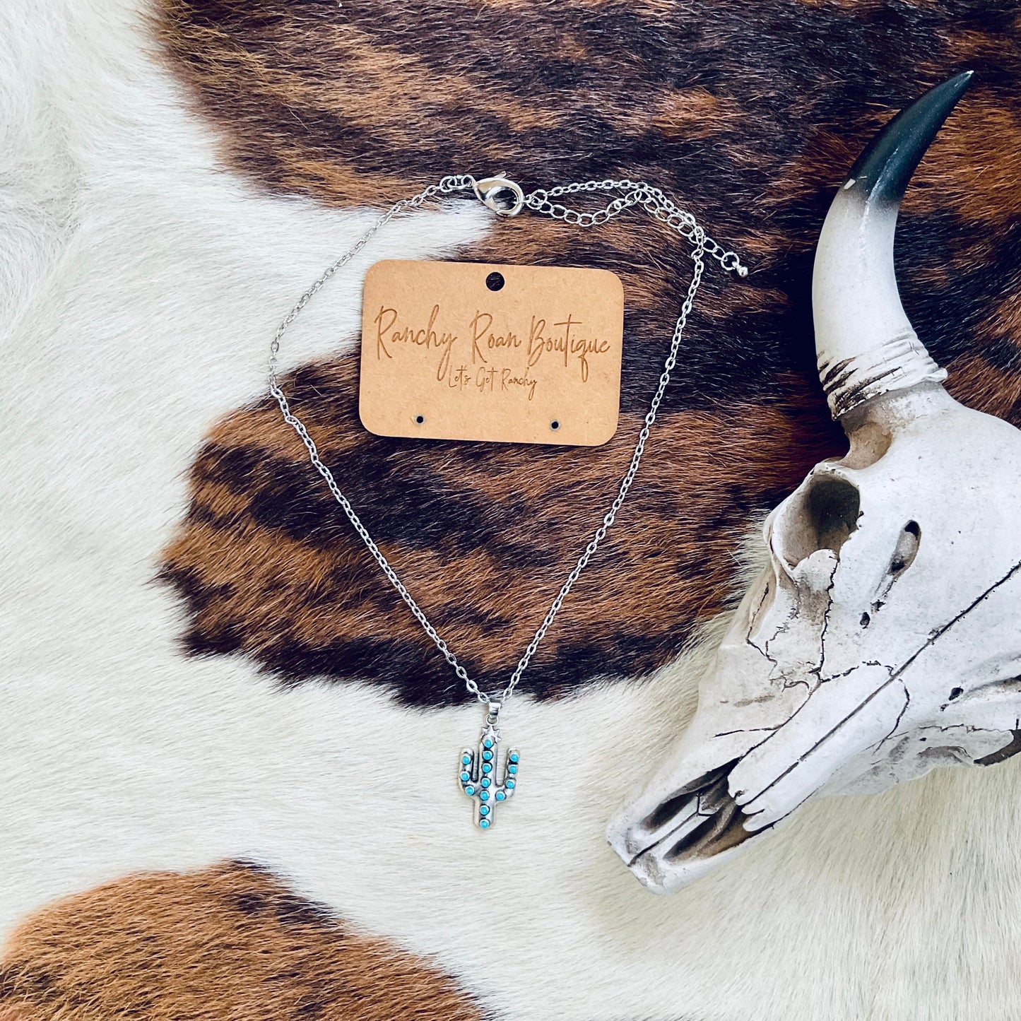 Turquoise Cactus Pendant Chain Western Necklace