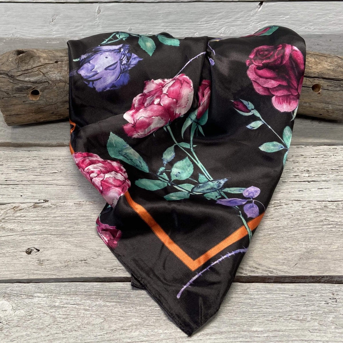 35X35" Black with Pink & Purple Roses Wild Rag / Scarf WR140