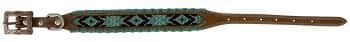 Genuine leather dog collar with teal, white, and black navajo beaded inlay design, a rawhide wrapped edge