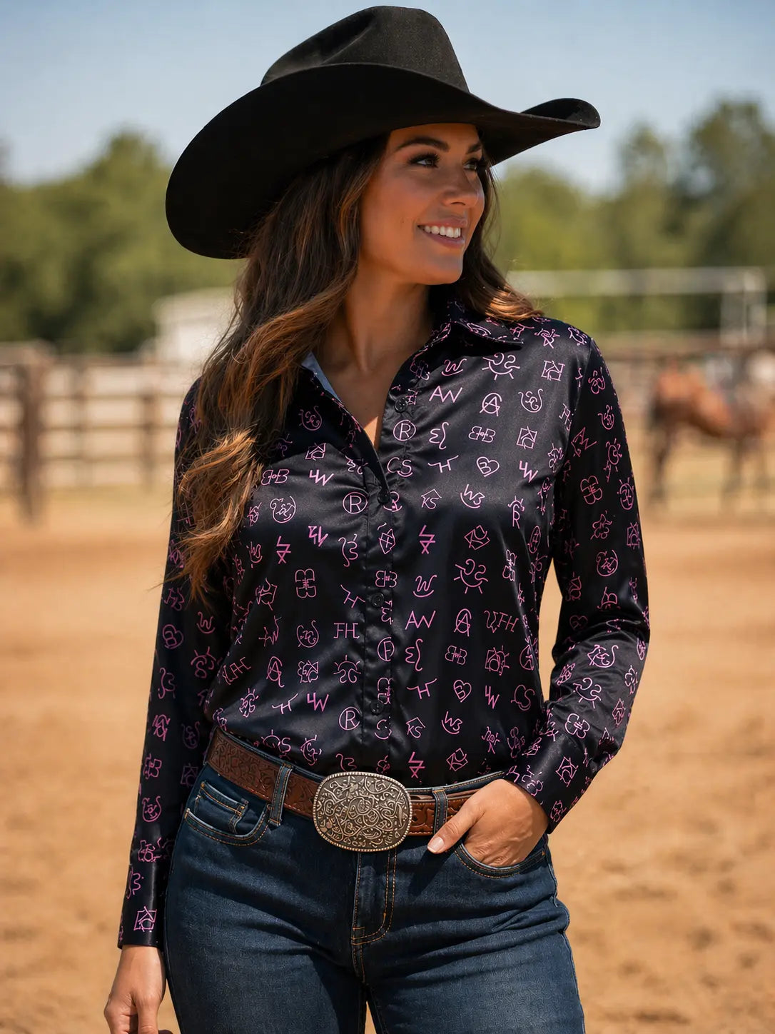 Neon Spur Brand Babe Lightweight Satin Button Up Rodeo Shirt Blouse