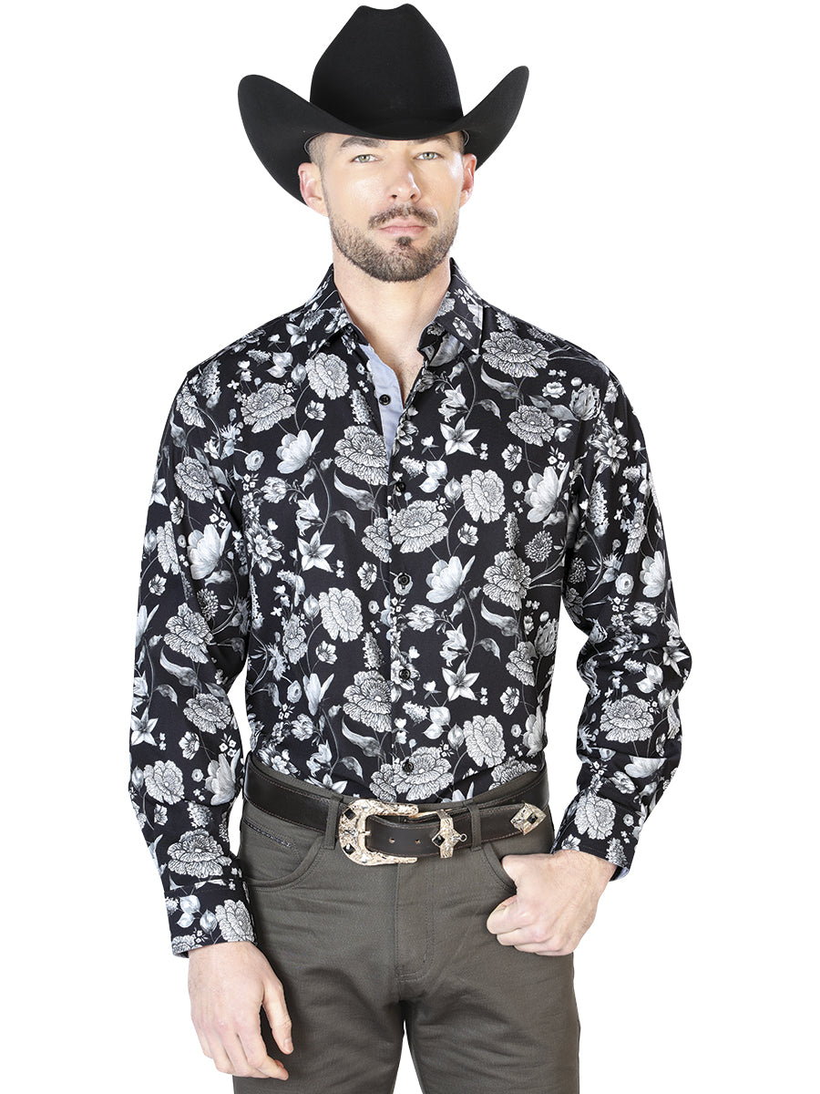 El General Black/Silver Floral Print Long Sleeve Shirt