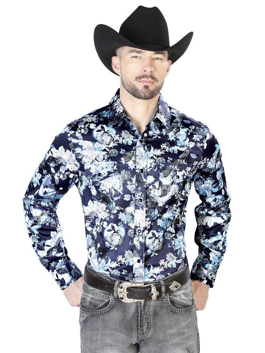 Blue Flower Print Casual Long Sleeve Shirt