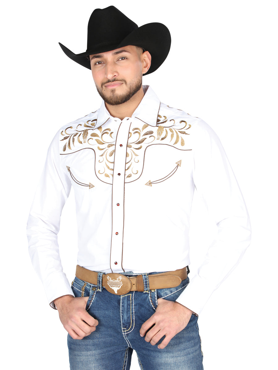 El General Embroidery Western Shirt in White/Gold