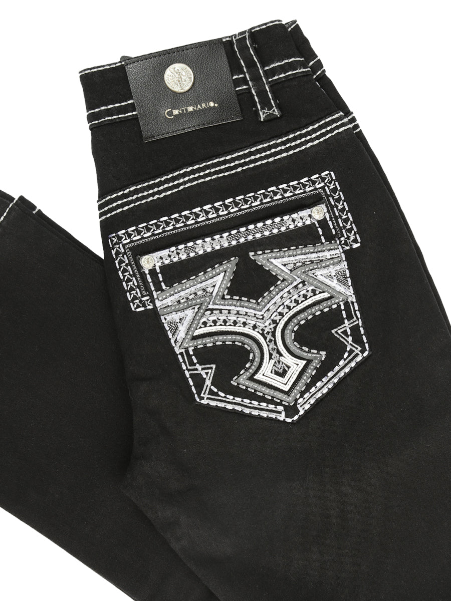 Centenario Men's Black Denim with White/Gray Embroidered Details