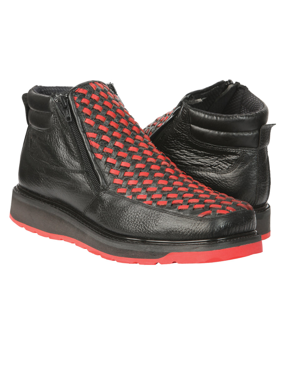El General Men's Petatillo Leather Ankle Boots with Zipper in Black/Red