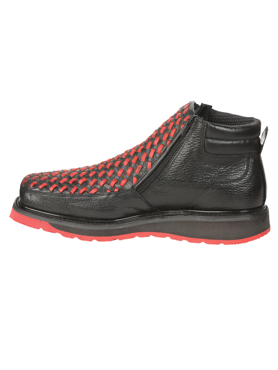 El General Men's Petatillo Leather Ankle Boots with Zipper in Black/Red