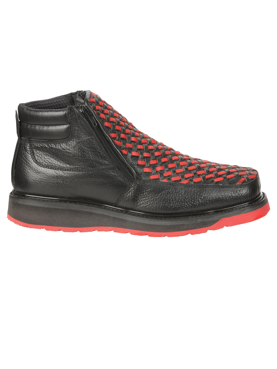 El General Men's Petatillo Leather Ankle Boots with Zipper in Black/Red