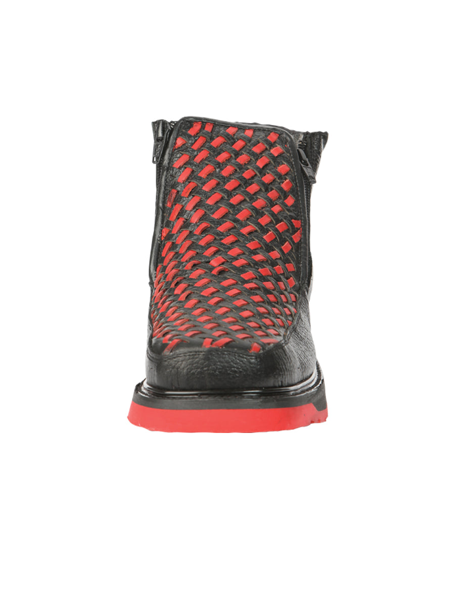 El General Men's Petatillo Leather Ankle Boots with Zipper in Black/Red
