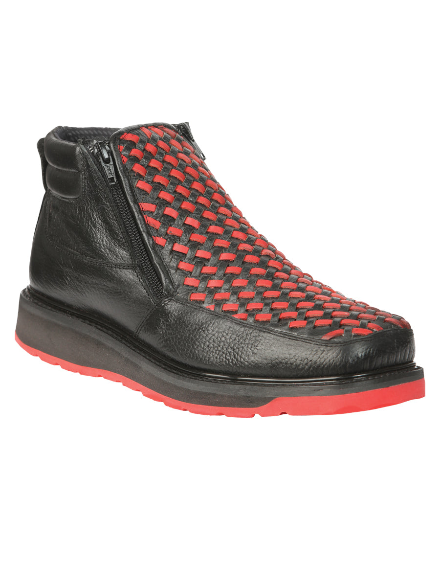 El General Men's Petatillo Leather Ankle Boots with Zipper in Black/Red