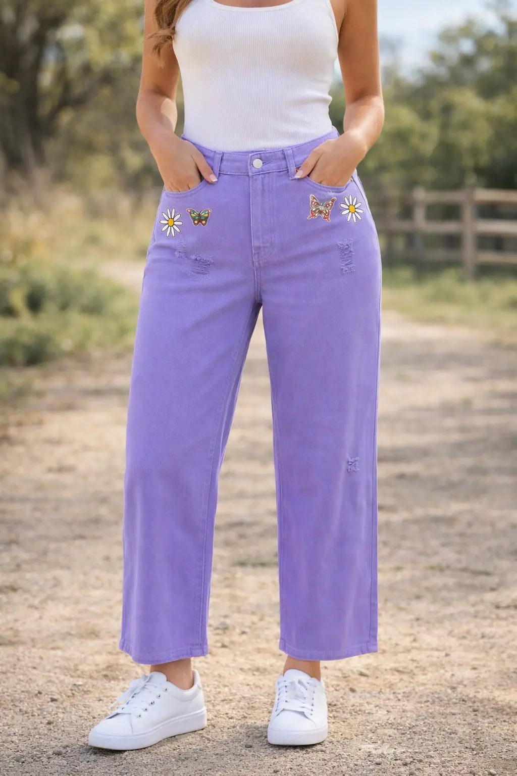 Purple Spring Patch High Waist Distressed Wide Leg Baggy Jeans
