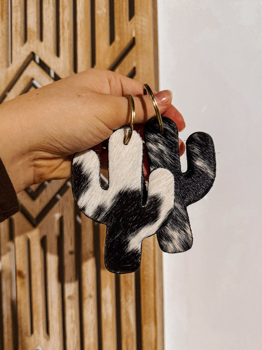 Cactus Cowhide Keychain: Black