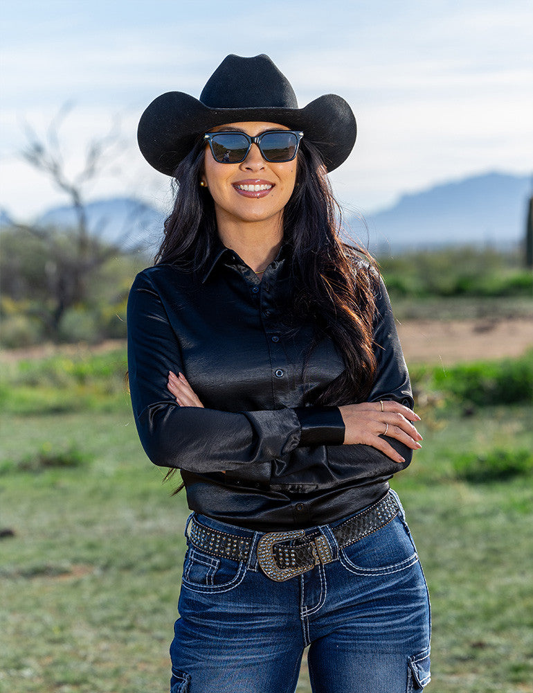 Black Satin Pullover Button Up In Low Stretch Medium Weight Cowgirl Tuff