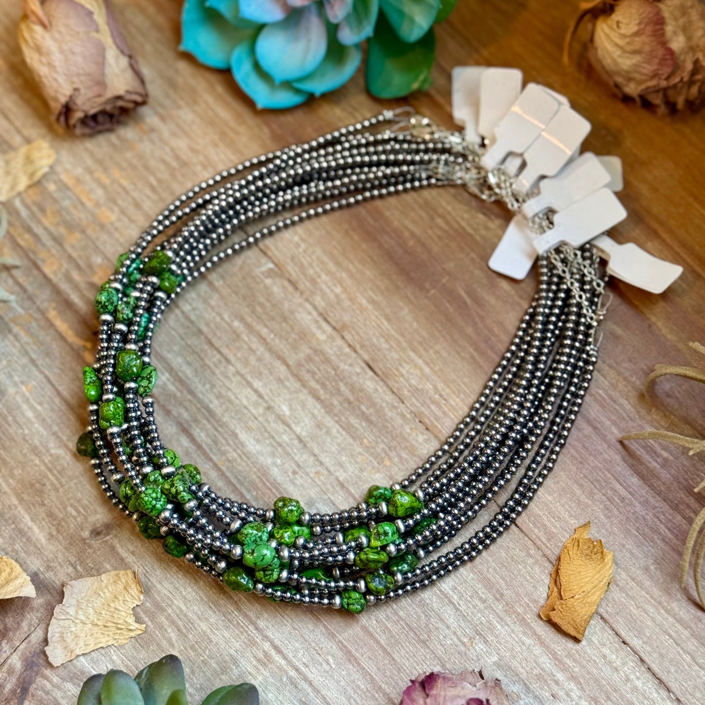 Green Nugget Turquoise & Sterling Silver Pearl Necklace