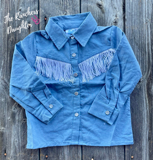 Shea Baby Denim Fringe Pearl Snap Shirt