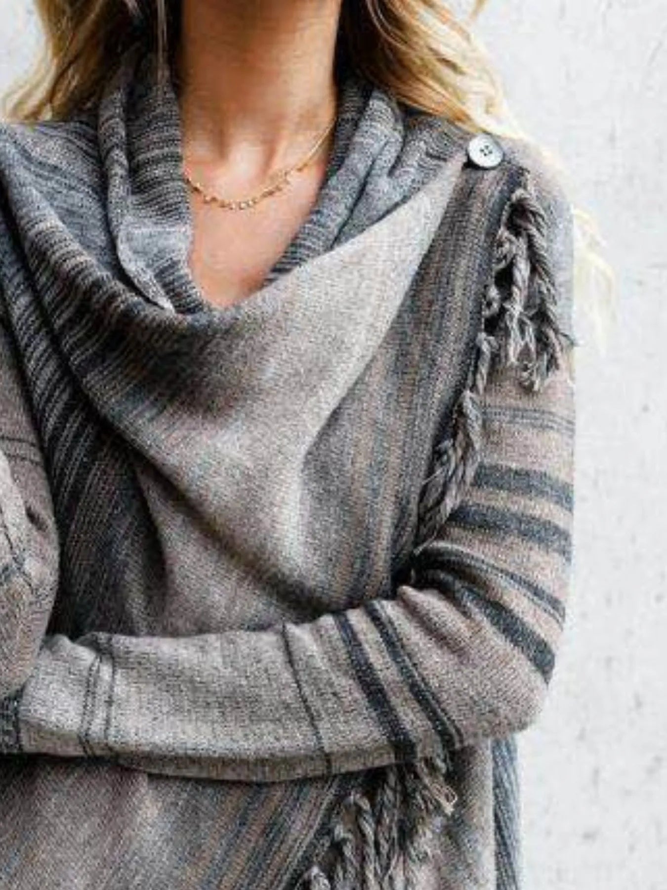 Fringe Long Sleeve Wrap Cardigan Button Fasten