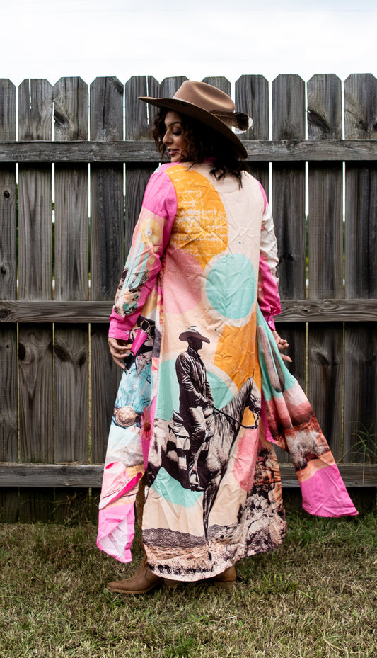 Baha Ranch Retro Pop Western Desert Cowboy Button Up Shirt Dress Duster