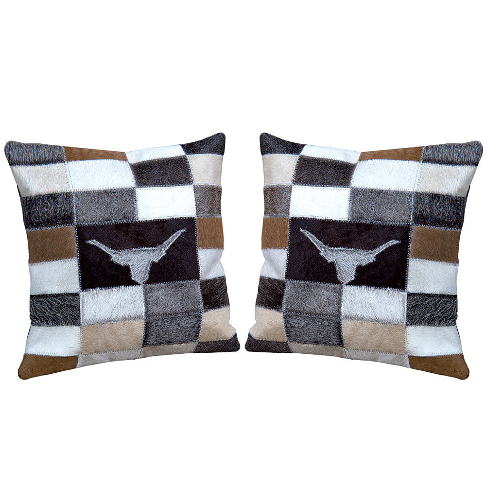 Set Of 2 Western Cowhide Leather Hair On Patchwork Cushion Pillow Cover