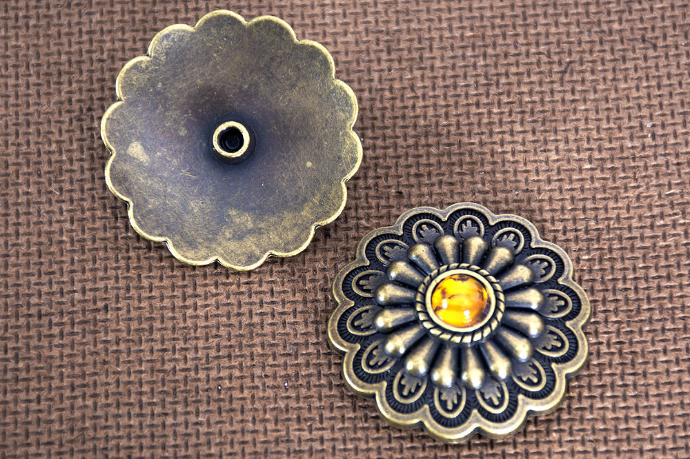 1.5 Inch HILASON Western Screw Back Concho Antique Brass W/ Yellow Crystals